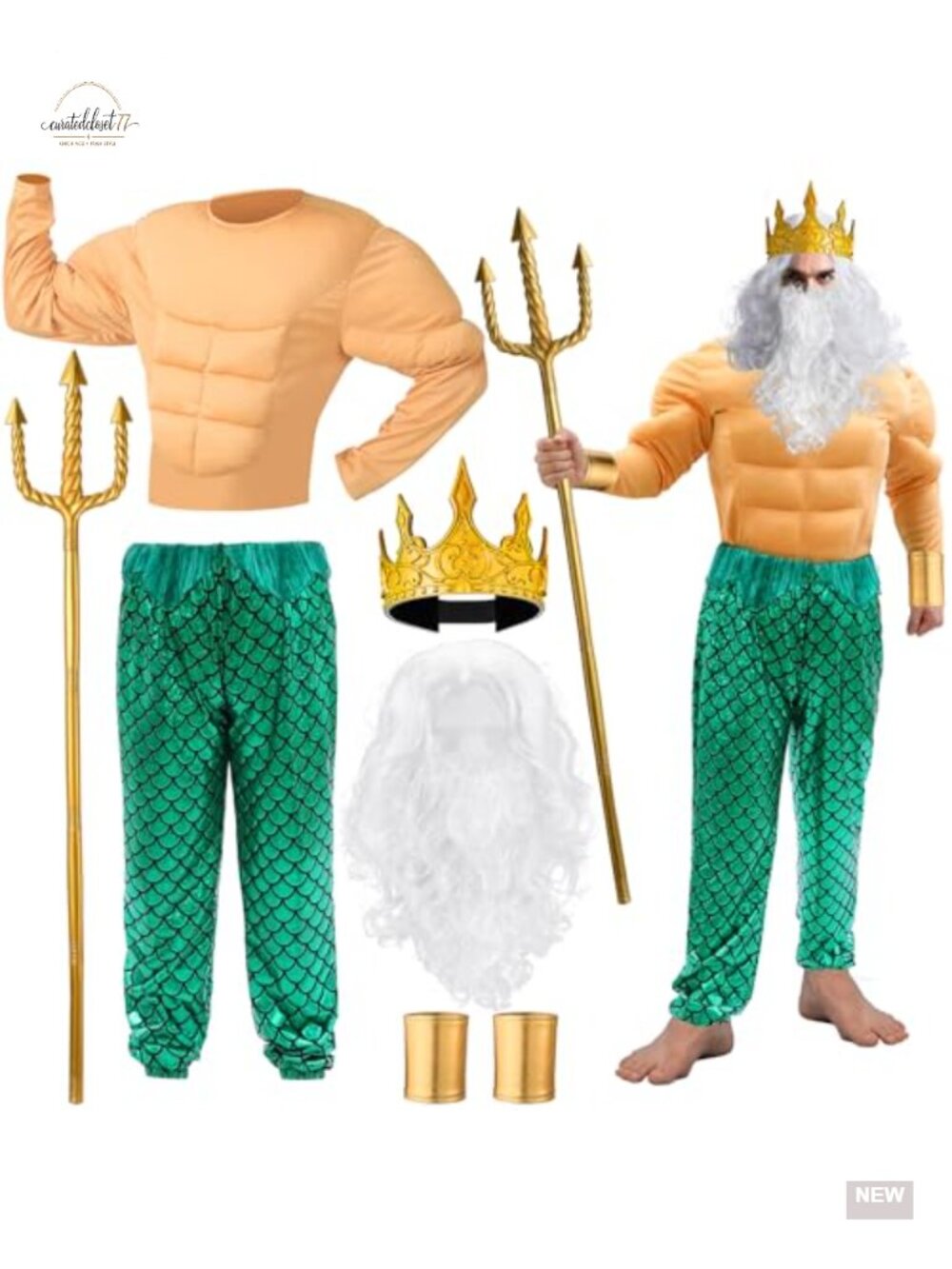 Poseidon Costume Set 7 Pc Mermaid Pants Muscle Shirt Wig Beard Crown Trident
